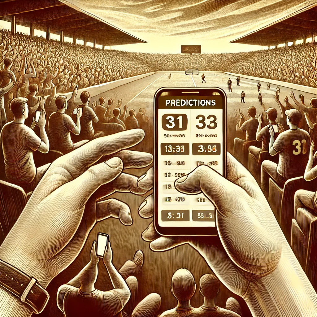 Illustration of sports fans using mobile devices to submit predictions while watching a live game in a packed stadium.