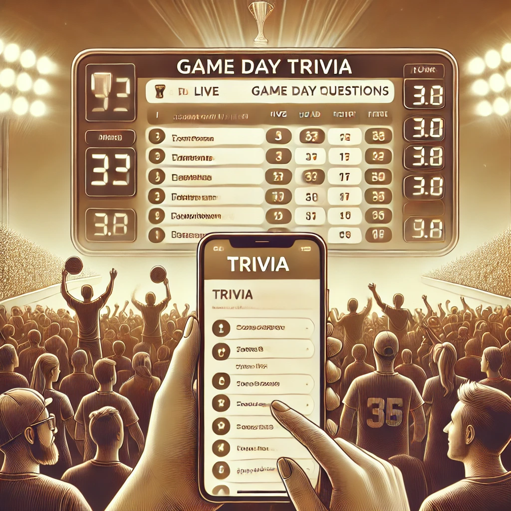 A stylized digital illustration of a Game Day Trivia event, where fans are answering live sports-related questions on their mobile devices.