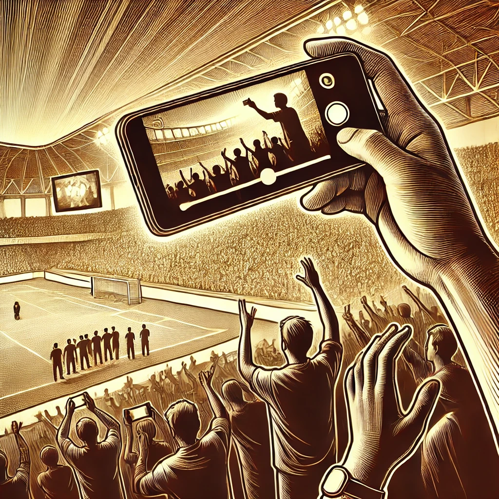 Illustration of fans recording videos on their phones, with a large stadium screen displaying their clips to the cheering crowd.