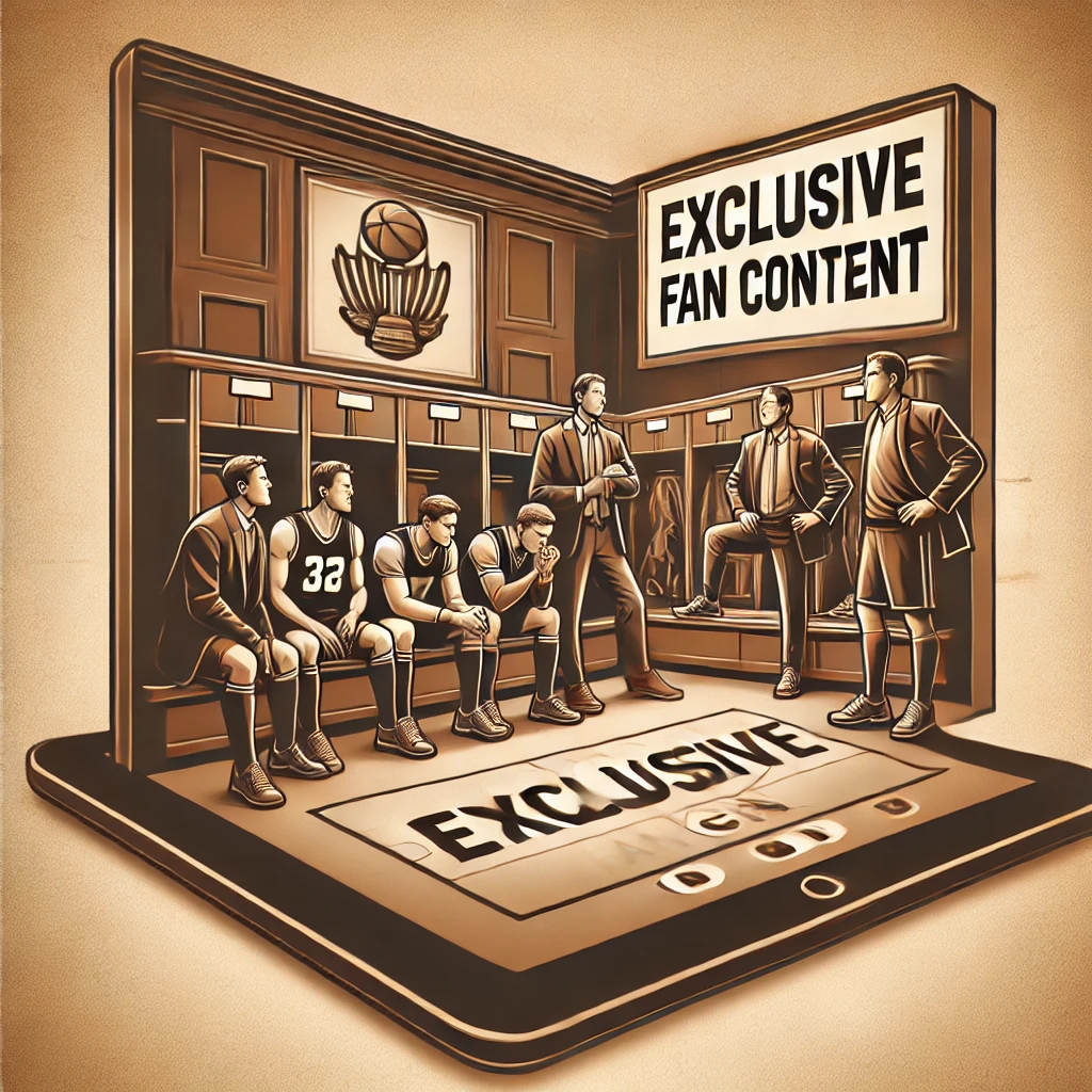 Illustration of a locker room with players and coaches strategizing, as a digital screen displays exclusive fan content.