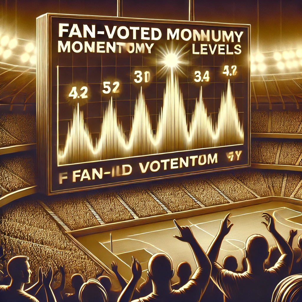 Illustration of a dynamic live scoreboard showing fan-voted momentum levels as a game unfolds in a roaring stadium.