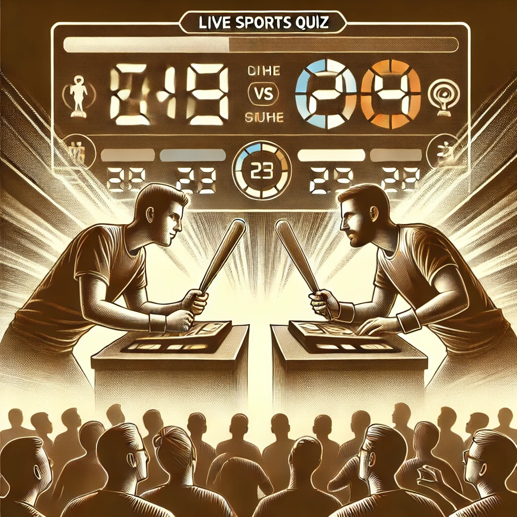Illustration of two fans intensely competing in a live sports quiz, with a digital scoreboard tracking their scores.